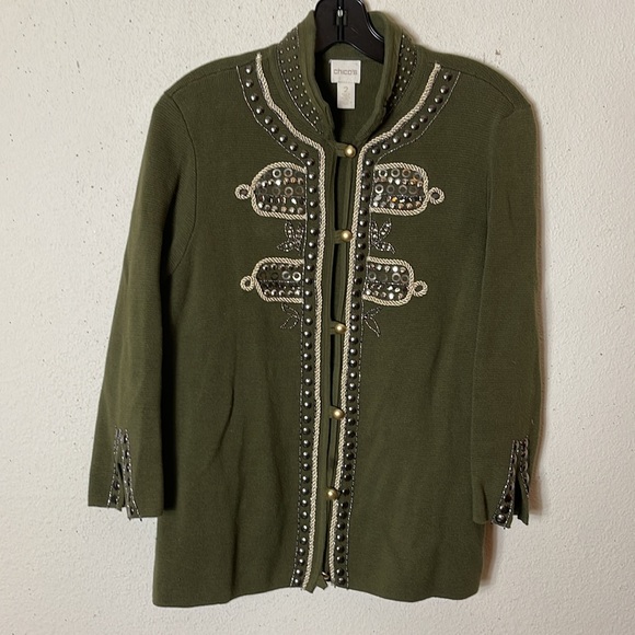 CHICOS MILITARY EMBELLISHED SWEATER JACKET CARDIGAN OLIVE L (12) - Picture 4 of 11